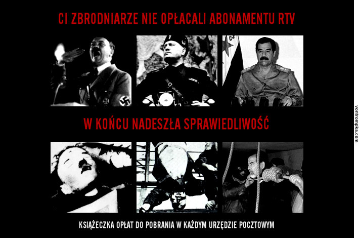 ci zbrodniarze nie opłacali abonamentu rtv. w końcu nadeszła sprawiedliwość. książeczka opłat do pobrania w każdym urzędzie pocztowym.