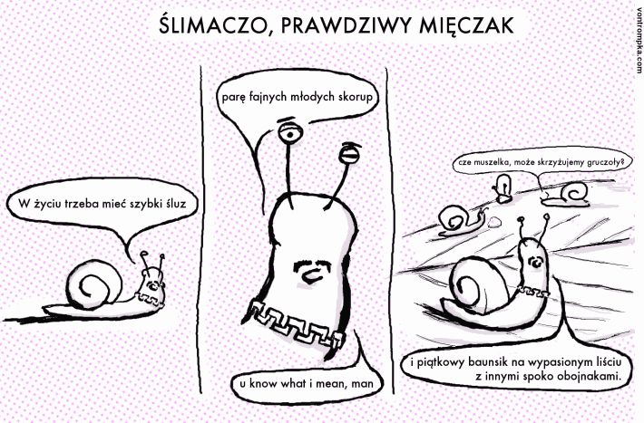 ślimaczo, prawdziwy mięczak. w życiu trzeba mieć szybki śluz. parę fajnych młodych skorup - u know what i mean, man - i piątkowy baunsik na wypasionym liściu z innymi spoko obojnakami. cze muszelka, może skrzyżujemy gruczoły?