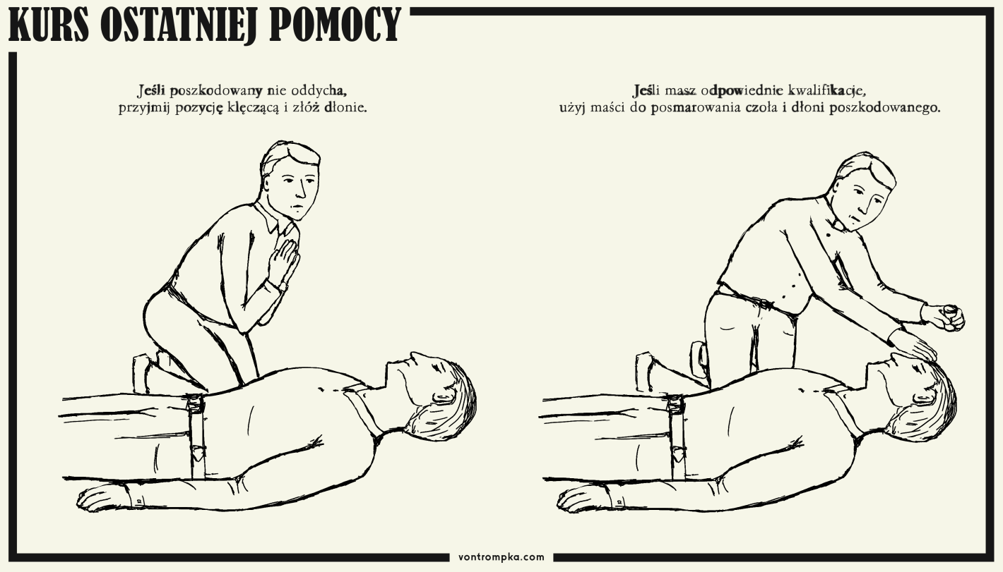 kurs ostatniej pomocy - jeśli poszkodowany nie oddycha, przyjmij pozycję klęczącą i złóż dłonie - jeśli masz odpowiednie kwalifikacje, użyj maści do posmarowania czoła i dłoni poszkodowanego.