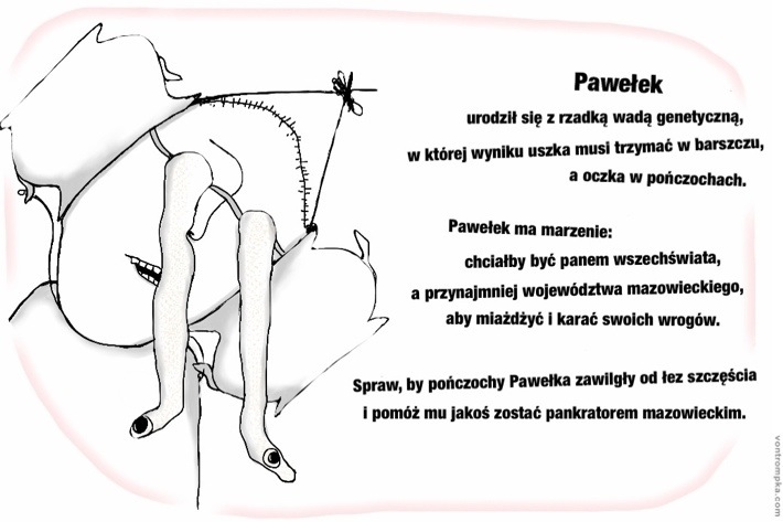 Pawełek urodził się z rzadką wadą genetyczną, w której wyniku uszka musi trzymać w barszczu, a oczka w pończochach. Pawełek ma marzenie: chciałby być panem wszechświata, a przynajmniej województwa mazowieckiego, aby miażdżyć i karać swoich wrogów. Spraw, by pończochy Pawełka zawilgły od łez szczęścia i pomóż mu jakoś zostać pankratorem mazowieckim.