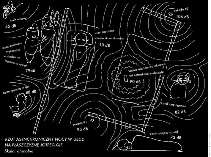 rzut asynchroniczny nocy w Ubud na płaszczyznę jotpeg.gif, skala: atonalna. roszczebiotani mężczyźni w drodze na tajemniczy rytuał. ruch uliczny. ayam goreng in spe. uszy zapchane chusteczkami do nosa. krótka wiadomość tekstowa od zatroskanej rodzicielki. kotek bez ogonka. pochrapujący sąsiad. cykada.