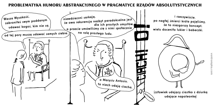 PROBLEMATYKA HUMORU ABSTRAKCYJNEGO W PRAGMATYCE RZĄDÓW ABSOLUTYSTYCZNYCH Wasza Wysokość, zabroniłeś swym poddanym udawać kogoś, kim nie są. od tej pory muszą udawać samych siebie. niewdzięczni sarkają, że owa rekurencja zbyt paradoksalna jest dla ich prostych umysłów, a przecie umówili się społecznie na rolę prostego ludu. o Marysiu Antosiu. to niech udają ciastka. żartowałę! CIACH, O. i rzeczywiście. po nagłej śmierci króla pojęliśmy, że to niezgorszy koncept. wielu doceniło lukier i babeczki. człowiek udający ciastko z dziurką udające napoleonkę.