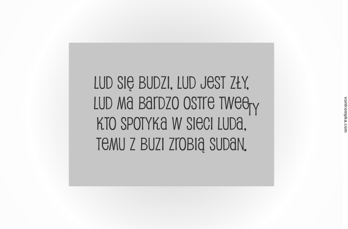 Lud się budzi, lud jest zły Lud ma bardzo ostre twee ty Kto spotyka w sieci luda Temu z buzi zrobią Sudan