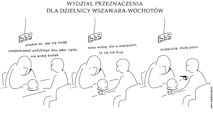 wydział przeznaczenia dla dzielnicy Wszawara-Wochotów  przykro mi, ale nie mogę pańskiego losu zarejestrować jako ciężki. nie widzę kratek. teraz widzę, ale w zawiasach, to się nie liczy. oczywiście, służę panu.