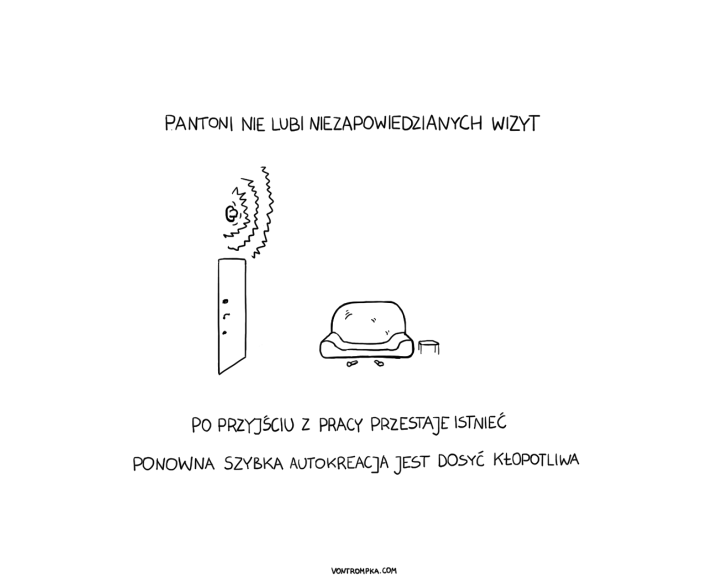 Pantoni nie lubi niezapowiedzianych wizyt,  po przyjściu z pracy przestaje istnieć ponowna szybka autokreacja jest dosyć kłopotliwa.