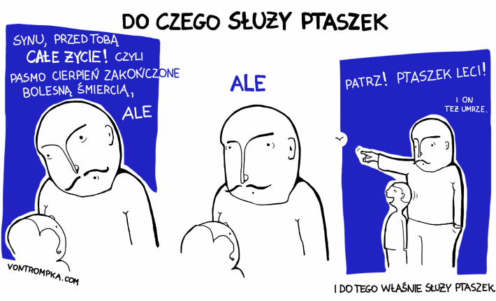 do czego służy ptaszek  synu, przed tobą całe życie! czyli pasmo cierpień zakończonych bolesną śmiercią, ale ale patrz! ptaszek leci! i on też umrze.  i do właśnie tego służy ptaszek.