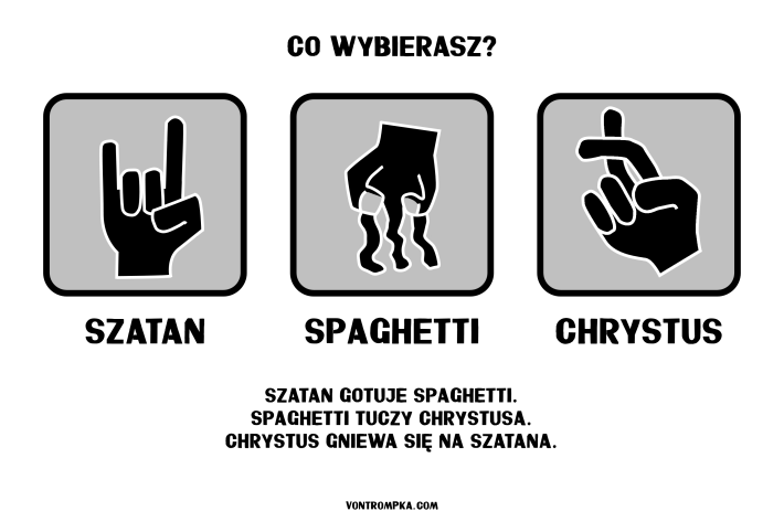 szatan, spaghetti, chrystus. szatan gotuje spaghetti, spaghetti tuczy chrystusa, chrystus gniewa się na szatana. papier, kamień, nożyce.