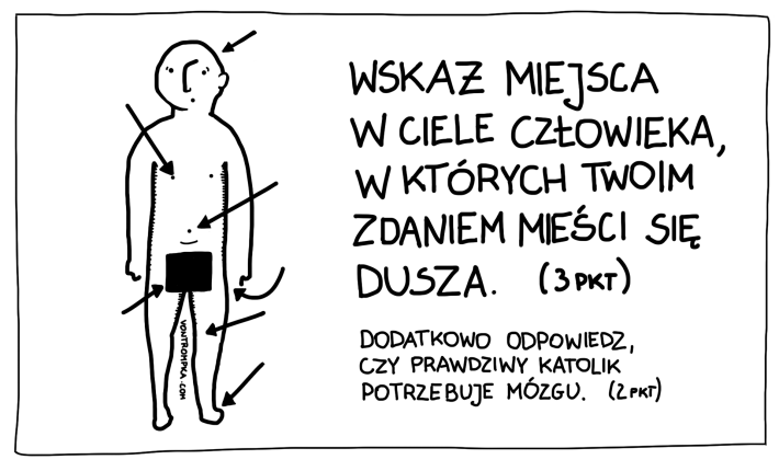 wskaż miejsca w ciele człowieka, w których twoim zdaniem mieści się dusza (3 pkt). dodatkowo odpowiedz, czy prawdziwy katolik potrzebuje mózgu (2 pkt)