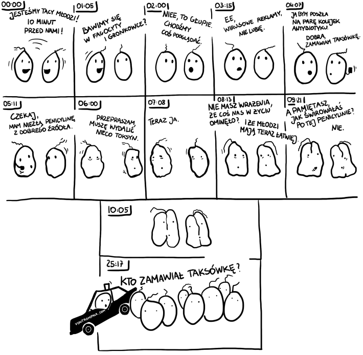jesteśmy tacy młodzi! 10 minut przed nami! bawimy się w fagocyty i gronkowce? nie, to głupie, chodźmy coś pooglądać? e, wirusowe reklamy, nie lubię ja bym poszła na parę kolejek antybiotyku / dobra, zamawiam taksówkę czekaj, mam niezłą penicylinę z dobrego źródła przepraszam, muszę wydalić trochę toksyn teraz ja nie masz wrażenia, że nas coś w życiu ominęło. i że młodzi mają teraz łatwiej pamiętasz, jak świrowałaś po tej penicylinie? nie. kto zamawiał taksówkę?
