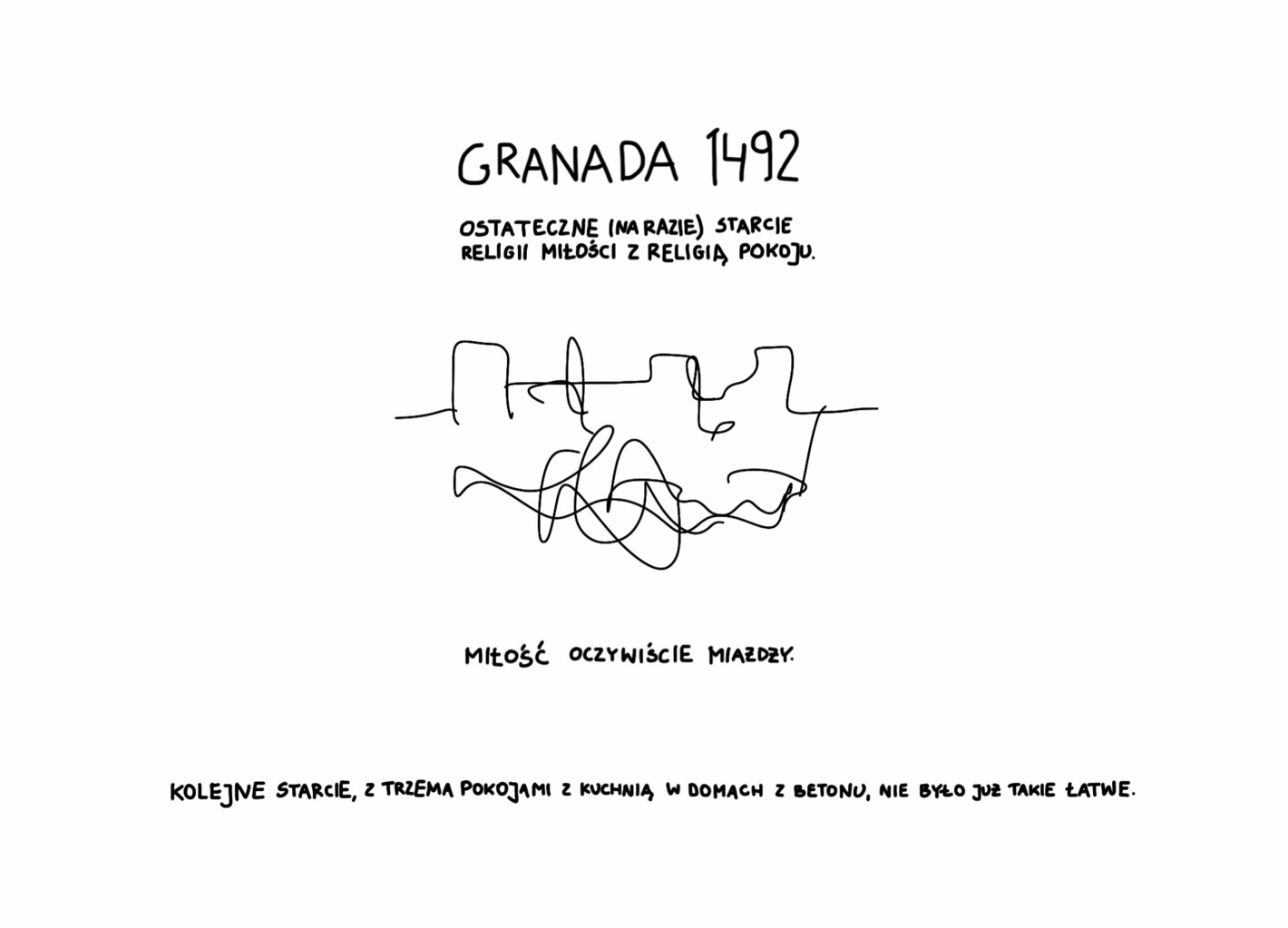 Granada 1492. ostateczne (na razie) starcie religii miłości z religią pokoju. miłość oczywiście miażdży. kolejne starcie, z trzema pokojami z kuchnią w domach z betonu, nie było już takie łatwe.