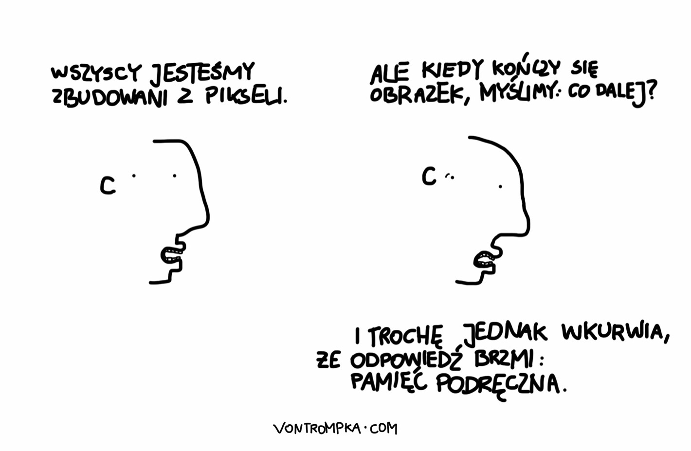 wszyscy jesteśmy zbudowani z pikseli. ale kiedy kończy się obrazek, myślimy: co dalej? i trochę jednak wkurwia, że odpowiedź brzmi: pamięć podręczna