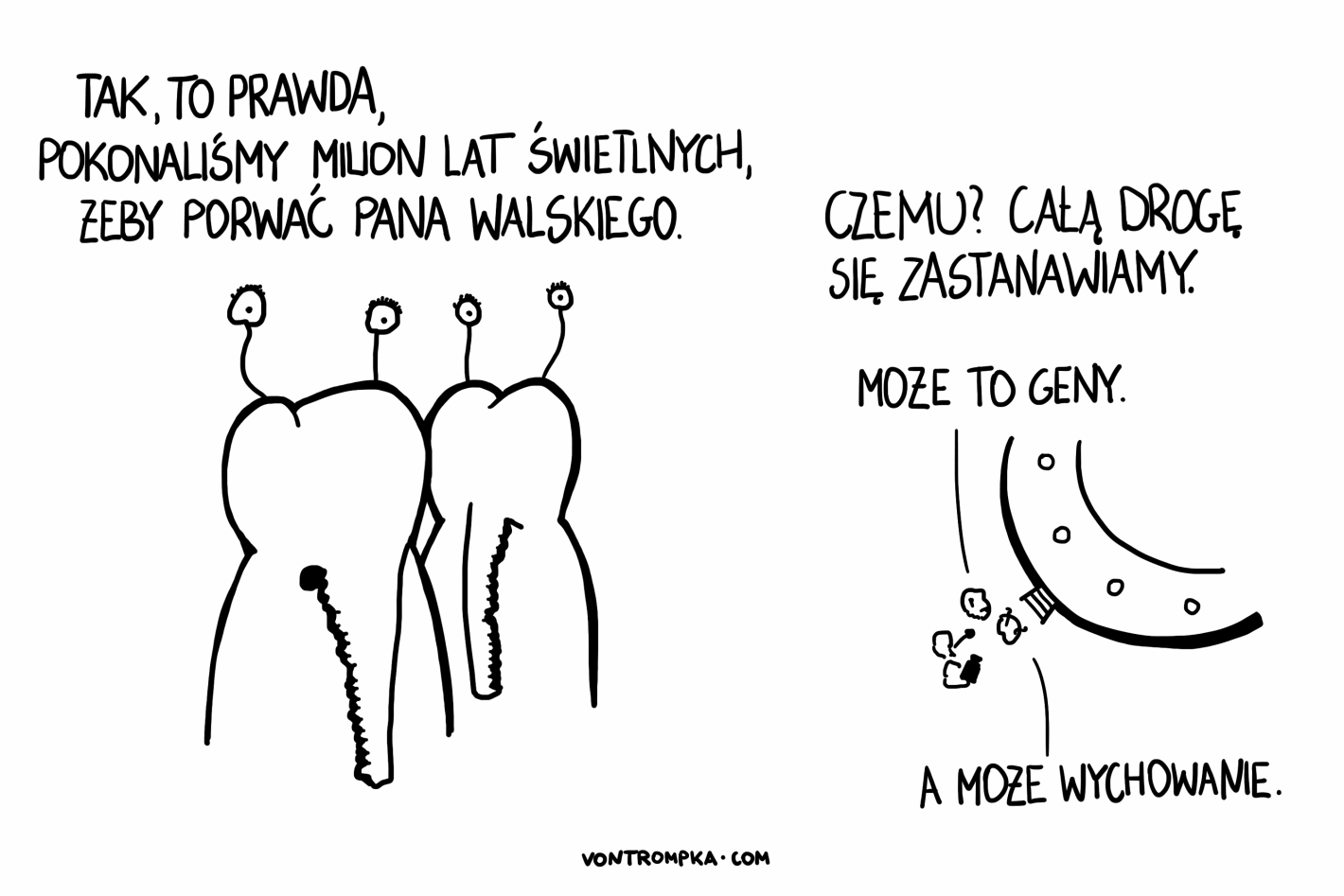 tak, to prawda, pokonaliśmy milion lat świetlnych, żeby porwać pana Walskiego. czemu? całą drogę się zastanawialiśmy. może to geny. a może wychowanie.