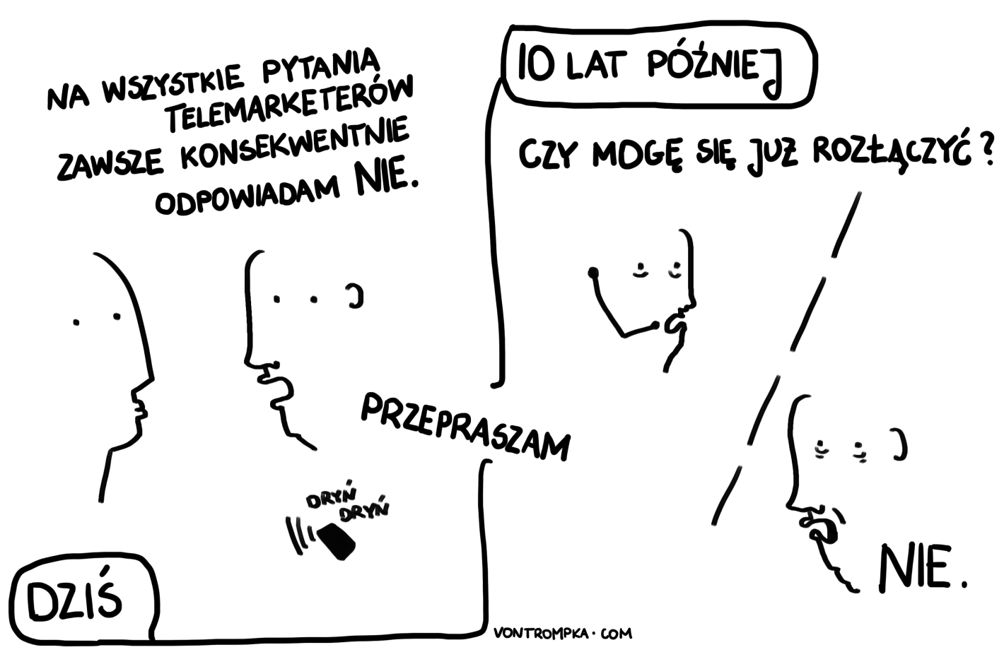 dziś. na wszystkie pytania telemarketerów zawsze konsekwentnie odpowiadam NIE. dryń dryń. przepraszam. 10 lat później. czy mogę się już rozłączyć? nie.