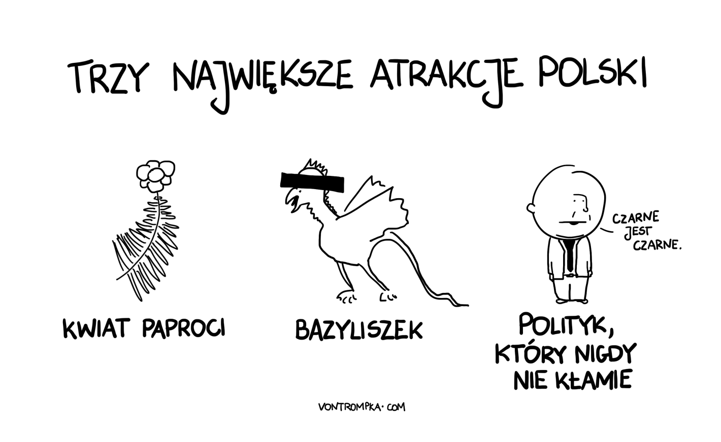 trzy największe atrakcje Polski kwiat paproci, bazyliszek, polityk, który nigdy nie kłamie czarne jest czarne