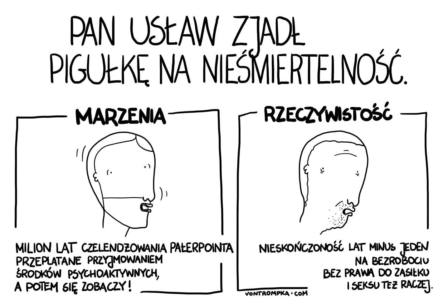 pan usław zjadł pigułkę na nieśmiertelność. marzenia: milion lat czelendżowania pałerpointa przeplatane przyjmowaniem środków psychoaktywnych, a potem się zobaczy! rzeczywistość: nieskończoność lat minus jeden na bezrobociu bez prawa do zasiłku i seksu też raczej.