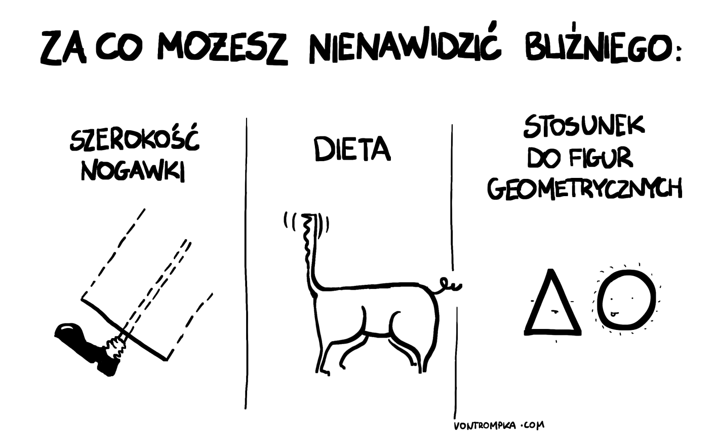 za co możesz nienawidzić bliźniego: szerokość nogawki. dieta. stosunek do figur geometrycznych