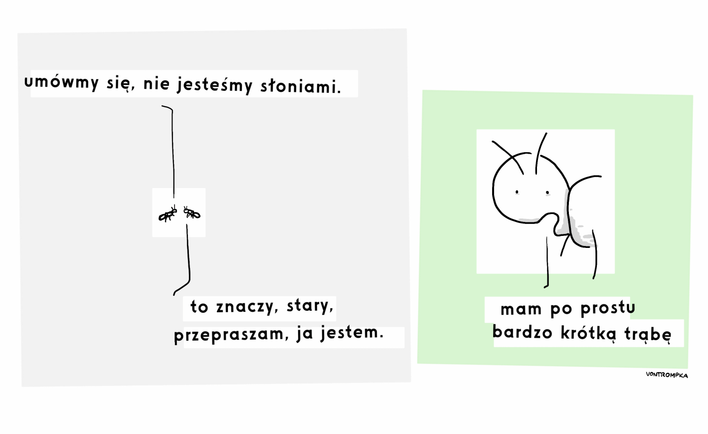 umówmy się, nie jesteśmy słoniami. to znaczy, stary, przepraszam, ja jestem. mam po prostu bardzo krótką trąbę