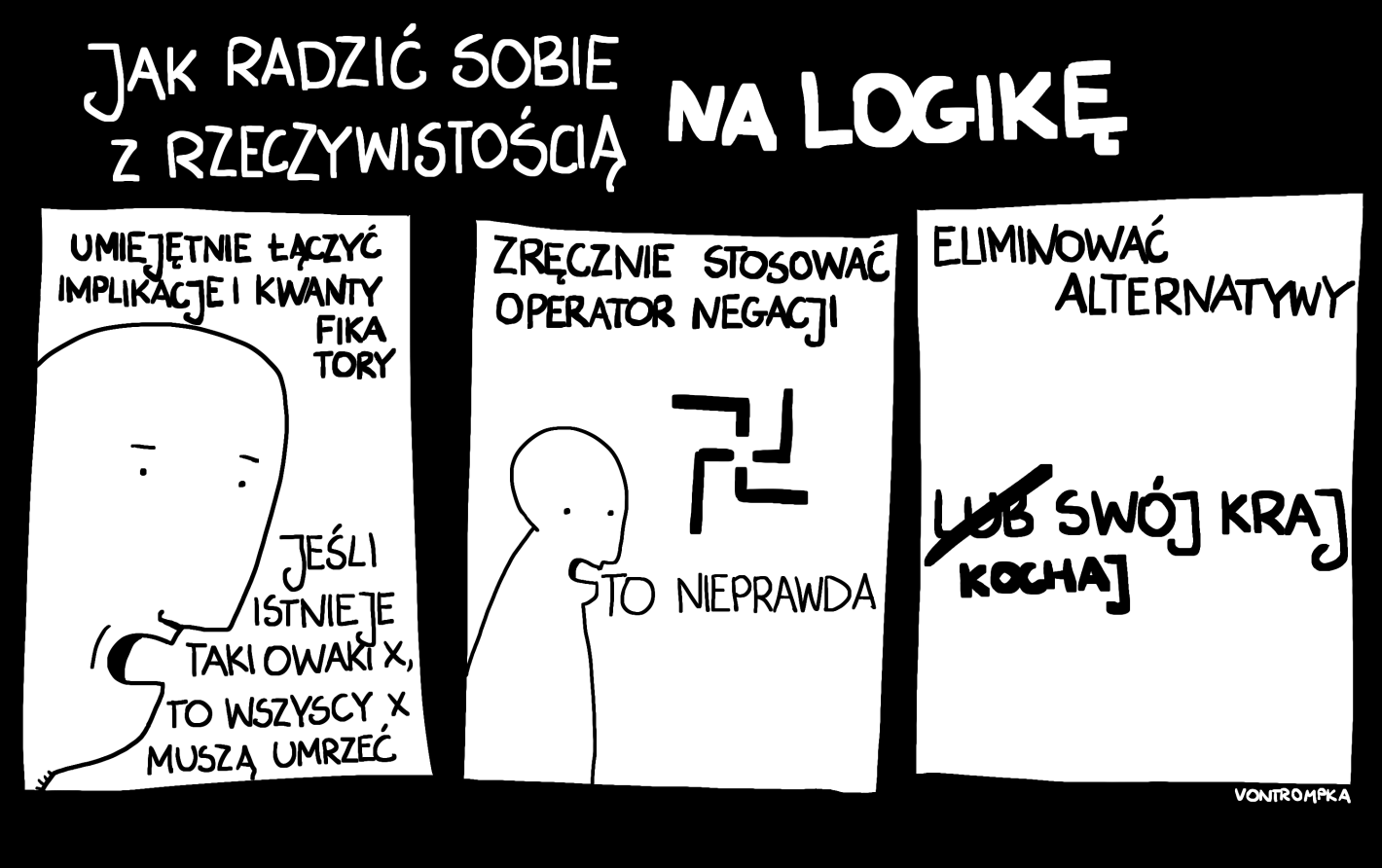 jak radzić sobie z rzeczywistością na logikę  umiejętnie łączyć implikacje i kwantyfikatory jeśli istnieje taki owaki x, to wszyscy x muszą umrzeć  zręcznie stosować operator negacji to nieprawda   eliminować alternatywy lub swój kraj kochaj