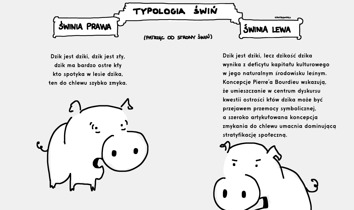 typologia świń. świnia prawa, świnia lewa, patrząc od strony świń. dzik jest dziki, dzik jest zły dzik ma bardzo ostre kły kto spotyka w lesie dzika ten do chlewu szybko zmyka   Dzik jest dziki, lecz dzikość dzika wynika z deficytu kapitału kulturowego w jego naturalnym środowisku leśnym. Koncepcje Pierre'a Bordieu wskazują, że umieszczanie w centrum dyskursu kwestii ostrości kłów dzika może być przejawem przemocy symbolicznej, a szeroko artykułowana koncepcja zmykania do chlewu umacnia dominującą stratyfikację społeczną.