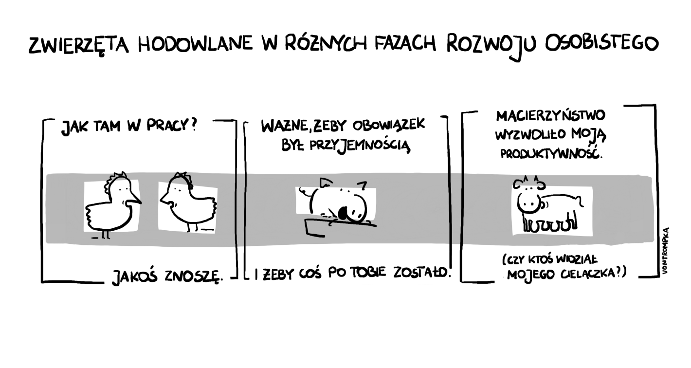 zwierzęta hodowlane w różnych fazach rozwoju osobistego. jak tam w pracy? jakoś znoszę. ważne, żeby obowiązek był przyjemnością i żeby coś po tobie zostało. macierzyństwo wyzwoliło moją produktywność (czy ktoś widział mojego cielaczka?)