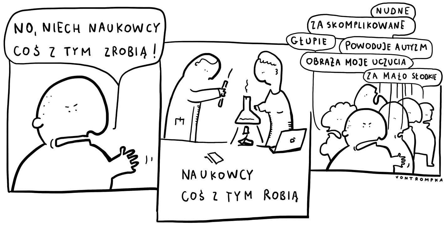 no niech naukowcy coś z tym zrobią! naukowcy robią coś z tym. nudne / za skomplikowane / głupie / powoduje autyzm / obraża moje uczucia / za mało słodkie