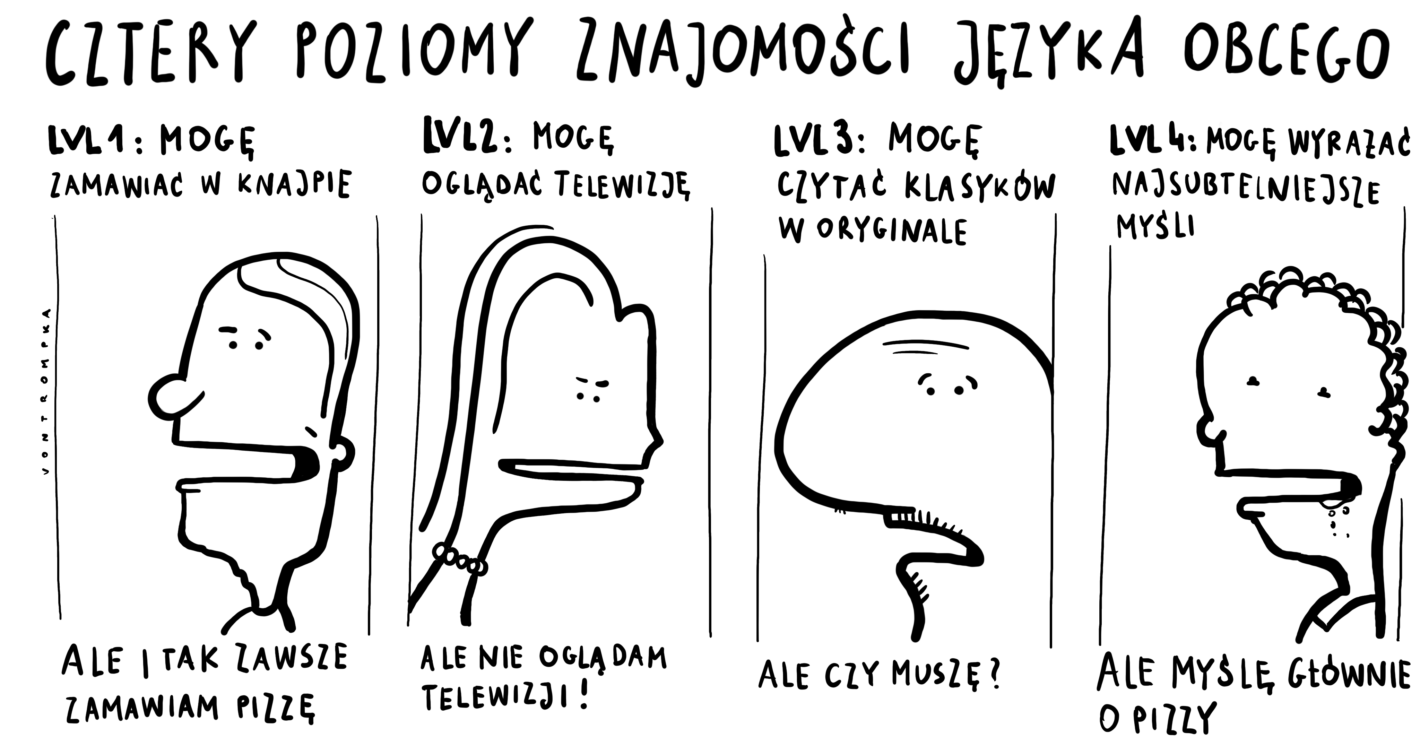 cztery poziomy znajomości języka obcego mogę zamawiać w knajpie, ale i tak zawsze zamawiam pizzę mogę oglądać telewizję, ale nie oglądam mogę czytać klasyków w oryginale, ale czy muszę mogę wyrażać najsubtelniejsze myśli, ale myślę głównie o pizzy