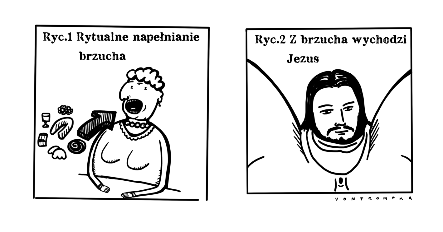 ryc. 1 rytualne napełnianie brzucha ryc. 2 z brzucha wychodzi Jezus